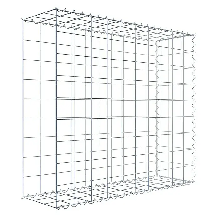 Gabiona Gabione Typ 2 - Zum Anbau in der Länge, 100 x 30 x 90 cm, Stahl, Maschenbreite: 100 mm, Maschenhöhe: 100 mm, Spirale - Das Bild zeigt einen Gabionenkorb aus Drahtgeflecht, der leer und ohne Steinfüllung ist. Die Maschenstruktur ist deutlich erkennbar.