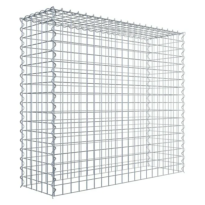 Gabiona Gabione Typ 3 - Zum Anbau in der Höhe, 100 x 30 x 90 cm, Stahl, Maschenbreite: 50 mm, Maschenhöhe: 50 mm, Spirale - Das Bild zeigt einen Gabionenkorb, der aus einem silberfarbenen Drahtgitter gefertigt ist und eine rechteckige Form aufweist.