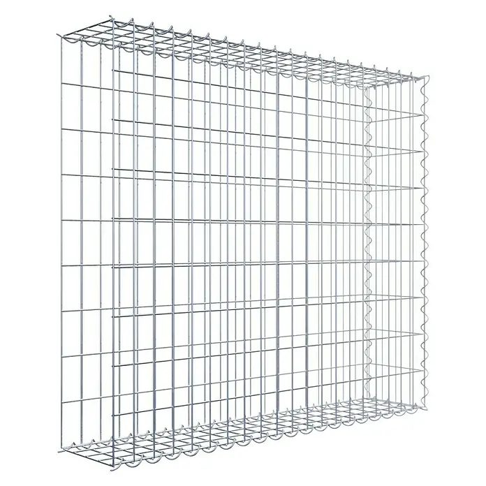 Gabiona Gabione Typ 2 - Zum Anbau in der Länge, 100 x 20 x 90 cm, Stahl, Maschenbreite: 50 mm, Maschenhöhe: 100 mm, Spirale - Ansicht eines Gabionenkorbs aus verzinktem Stahlgitter für den Gartenbau. Der Korb ist leer und bereit zur Befüllung mit Steinen oder anderen Materialien.