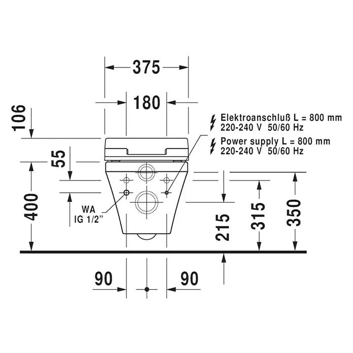 Duravit DuraStyle Wand-WC Typ 1 - Spülrandlos, Ohne Spezialglasur, Spülform: Tief, WC Abgang: Waagerecht, Weiß - Technische Zeichnung einer Wandtoilette mit Maßen und Anschlüssen für Elektro- und Wasserzufuhr.