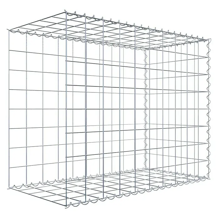 Gabiona Gabione Typ 2 - Zum Anbau in der Länge, 100 x 50 x 80 cm, Stahl, Maschenbreite: 100 mm, Maschenhöhe: 100 mm, Spirale - Ein detailliertes Bild eines leeren Gabionenkäfigs aus Draht, der seine robuste Konstruktion für verschiedene Anwendungen zeigt.