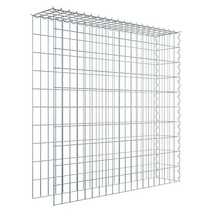 Gabiona Gabione Typ 4 - Zum Anbau in Länge & Höhe, 100 x 20 x 100 cm, Stahl, Maschenbreite: 50 mm, Maschenhöhe: 100 mm, Spirale - Eine Nahaufnahme eines Gabionenkorbes aus stabilem Drahtgeflecht, ideal für den Garten- und Landschaftsbau zur Hangbefestigung und als dekoratives Element.