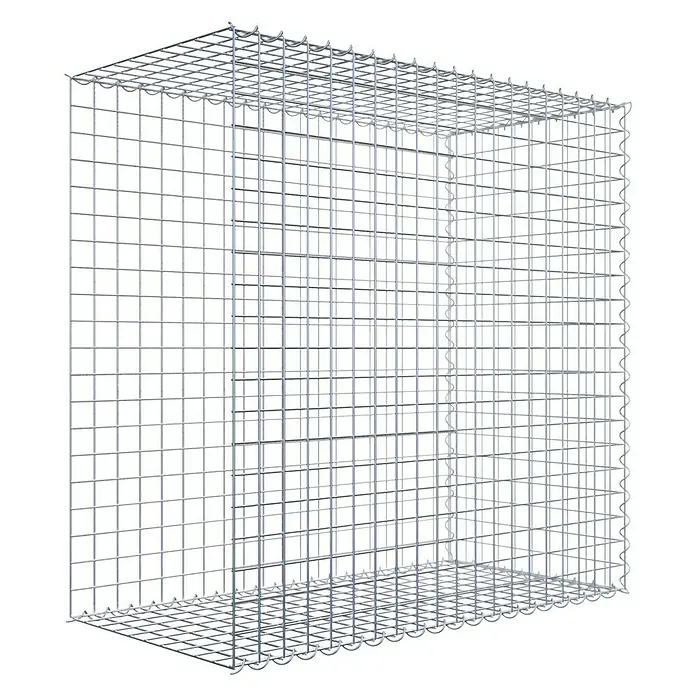 Gabiona Gabione Typ 2 - Zum Anbau in der Länge, 100 x 50 x 100 cm, Stahl, Maschenbreite: 50 mm, Maschenhöhe: 50 mm, Spirale - Das Bild zeigt einen rechteckigen Gabionenkorb aus silbergrauem Drahtgitter, der auf einem schwarzen Hintergrund steht und eine robuste Struktur darstellt.