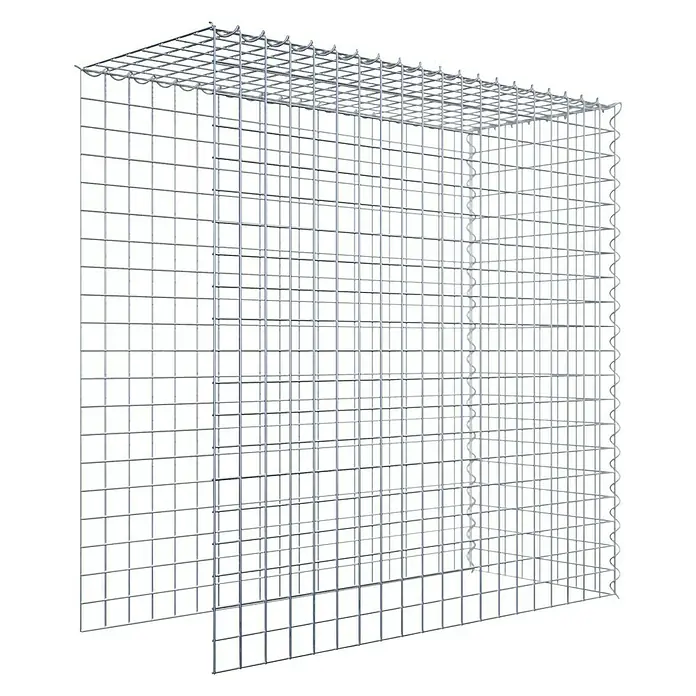 Gabiona Gabione Typ 4 - Zum Anbau in Länge & Höhe, 100 x 40 x 100 cm, Stahl, Maschenbreite: 50 mm, Maschenhöhe: 50 mm, Spirale - Das Bild zeigt einen Gabionenkorb, der aus einem stabilen, silberfarbenen Drahtgitter gefertigt ist. Der Korb ist leer und bereit zur Befüllung.