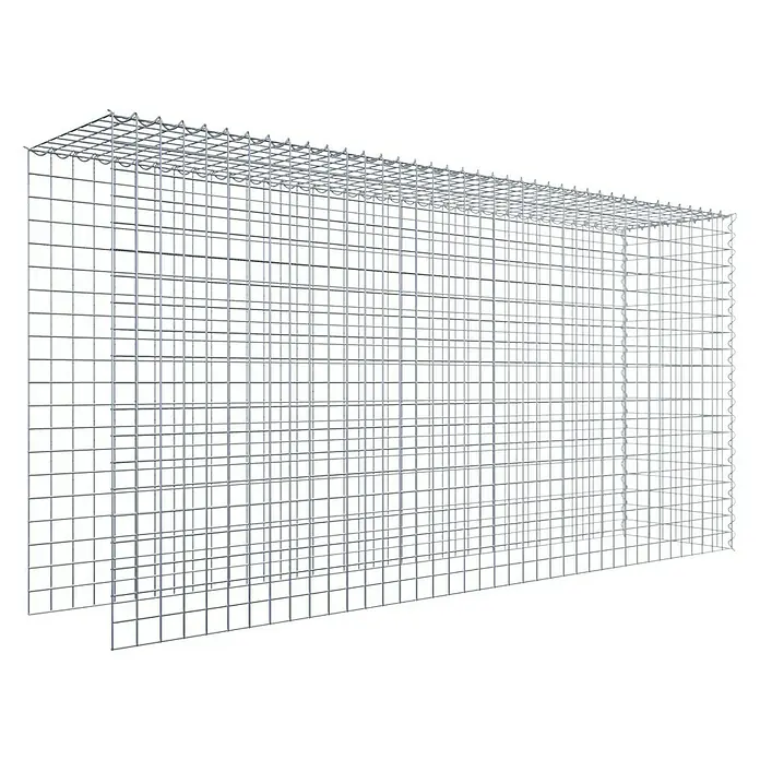 Gabiona Gabione Typ 4 - Zum Anbau in Länge & Höhe, 200 x 40 x 100 cm, Stahl, Maschenbreite: 50 mm, Maschenhöhe: 50 mm, Spirale - Ein rechteckiger, silberner Drahtgitter-Gabionenkorb mit quadratischen Maschen auf schwarzem Hintergrund.