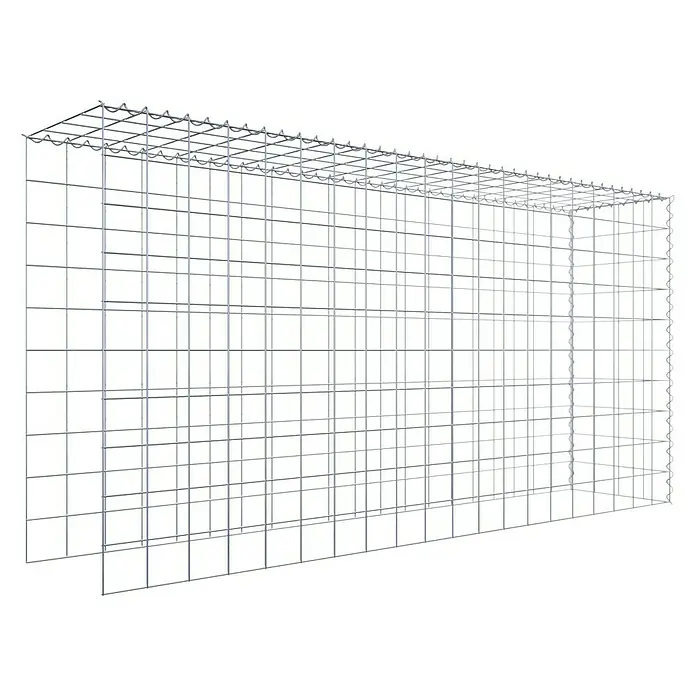 Gabiona Gabione Typ 4 - Zum Anbau in Länge & Höhe, 200 x 40 x 100 cm, Stahl, Maschenbreite: 100 mm, Maschenhöhe: 100 mm, Spirale - Das Bild zeigt eine Gabione, einen Drahtkorb, der typischerweise mit Steinen gefüllt wird, um Stützmauern oder dekorative Elemente zu schaffen.