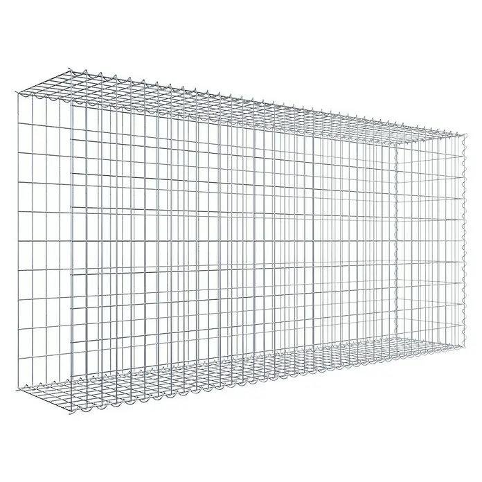 Gabiona Gabione Typ 2 - Zum Anbau in der Länge, 200 x 40 x 100 cm, Stahl, Maschenbreite: 50 mm, Maschenhöhe: 100 mm, Spirale - Draufsicht eines Gabionenkäfigs aus starkem, silbernem Drahtgitter. Er ist leer und bereit für die Befüllung mit Steinen oder anderen Materialien.