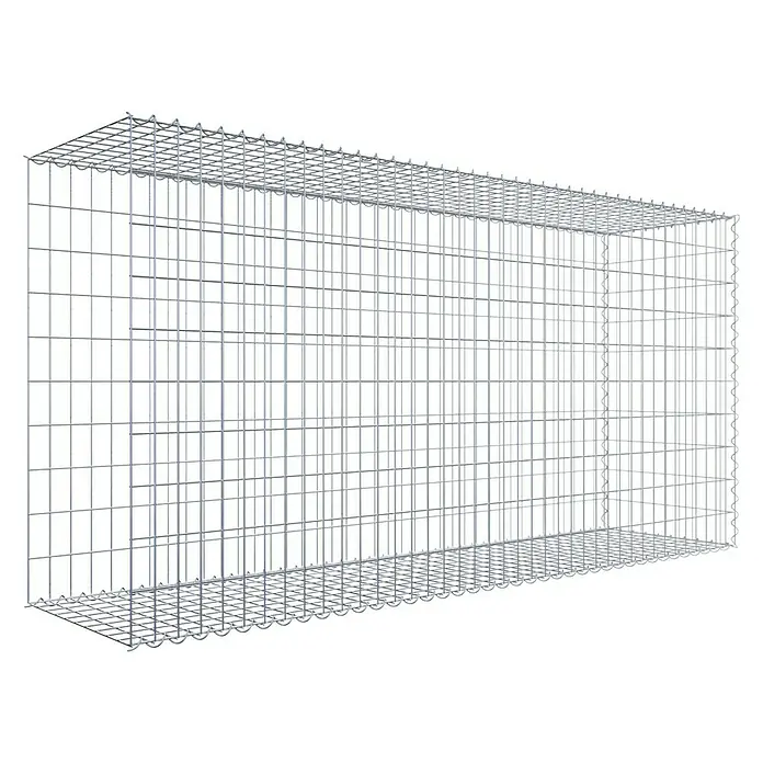 Gabiona Gabione Typ 2 - Zum Anbau in der Länge, 200 x 50 x 100 cm, Stahl, Maschenbreite: 50 mm, Maschenhöhe: 100 mm, Spirale - Ein rechteckiger Gabionenkorb aus verzinktem Drahtgeflecht auf schwarzem Hintergrund. Stabil und langlebig für den Außenbereich.