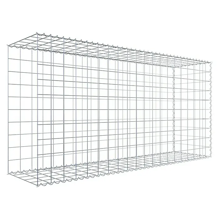 Gabiona Gabione Typ 2 - Zum Anbau in der Länge, 200 x 50 x 100 cm, Stahl, Maschenbreite: 100 mm, Maschenhöhe: 100 mm, Spirale - Das Bild zeigt einen leeren Gabionenkorb aus Drahtgeflecht, der auf einem schwarzen Hintergrund freigestellt ist. Er ist bereit, mit Steinen gefüllt zu werden.