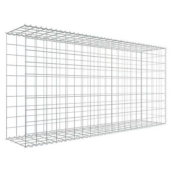 Gabiona Gabione Typ 2 - Zum Anbau in der Länge, 200 x 40 x 100 cm, Stahl, Maschenbreite: 100 mm, Maschenhöhe: 100 mm, Spirale - Das Bild zeigt einen Gabionenkorb aus verzinktem Drahtgitter. Er ist leer und bereit für die Befüllung mit Steinen. Die Maschenweite ist gleichmäßig.