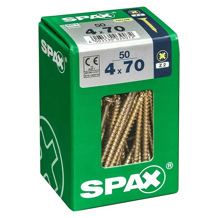 Spax Universalschraube - 4 x 70 mm, Vollgewinde, 50 Stk. - Nahaufnahme einer grünen Packung SPAX-Schrauben 4x70, ideal für diverse Holzbauprojekte und Heimwerkerarbeiten.