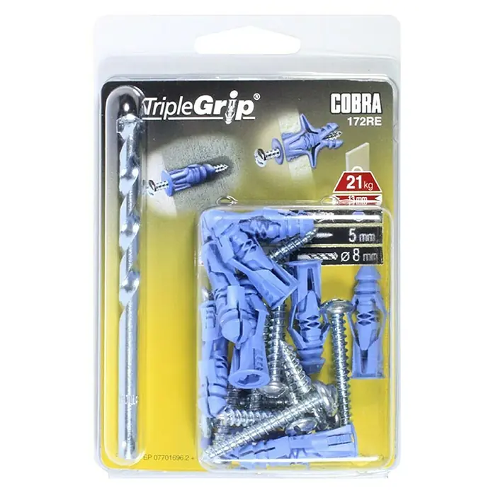 Cobra Universaldübel Triple Grip 172RE - Polyethylen, 8 Stk., Mit Rand - Verpackung mit TripleGrip Cobra 172RE Dübeln, Schrauben und Bohrer. Ideal für sichere Befestigungen in verschiedenen Materialien mit einer Tragkraft von 21kg.