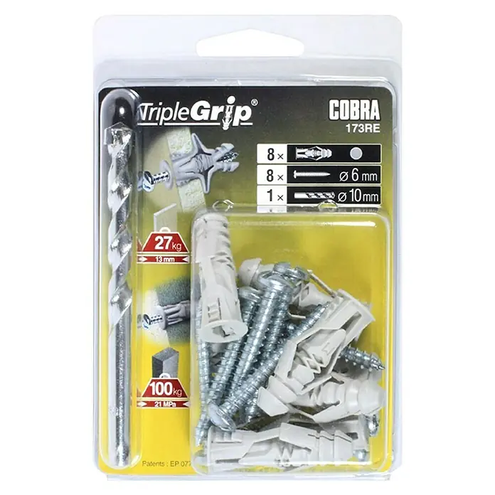 Cobra Universaldübel Triple Grip - Polyethylen, 8 Stk., Mit Rand - Eine Packung Triple Grip Cobra 173RE Dübel, inklusive 8 Dübel, 8 Schrauben (6mm) und 1 Bohrer (10mm) für sichere Befestigungen.