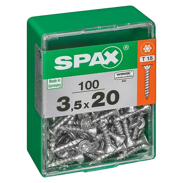 Spax T-Star plus Universalschraube T-Star plus - Ø x L: 3,5 x 20 mm, WIROX Oberfläche, T-Star plus, 100 Stk. - Dose mit 100 SPAX Universalschrauben 3,5 x 20 mm, ideal für Holzverbindungen im Innen- und Außenbereich. Die Schrauben sind mit WIROX-Oberfläche für hohen Korrosionsschutz.