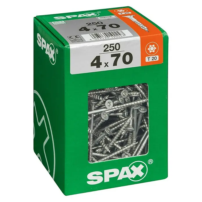 Spax T-Star plus Universalschraube T-Star plus - Ø x L: 4 x 70 mm, WIROX Oberfläche, T-Star plus, 250 Stk. - Eine grüne Packung Spax Schrauben, Größe 4x70, mit der Kennzeichnung T20, ideal für vielfältige Schraubarbeiten im Heimwerkerbereich.