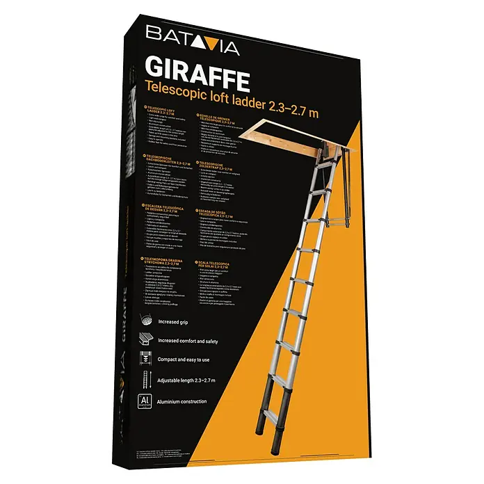 Batavia Teleskopleiter Giraffe - Breite Deckenöffnung: 60 cm, Länge Deckenöffnung: 90,5 cm - Produktverpackung der "Batavia Giraffe" Teleskop-Dachbodenleiter 2.3-2.7 m mit Produktinformationen und einer Abbildung der Leiter.