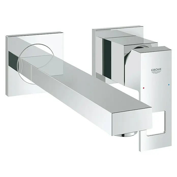 Grohe Eurocube Waschtischarmatur - Wandmontage, Chrom, Glänzend, Ausladung Armatur: 231 mm - Ein schicker, eckiger Grohe-Wasserhahn mit glänzender Chromoberfläche, der Eleganz und moderne Technologie vereint.