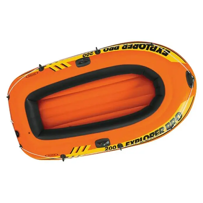 Intex Bote hinchable Explorer Pro 200 - L x An x Al: 196 x 102 x 33 cm, Apto para: 1+1 personas, Carga útil: 120 kg - Toma aérea de una balsa inflable naranja Intex Explorer Pro 200 con interior negro y detalles amarillos.