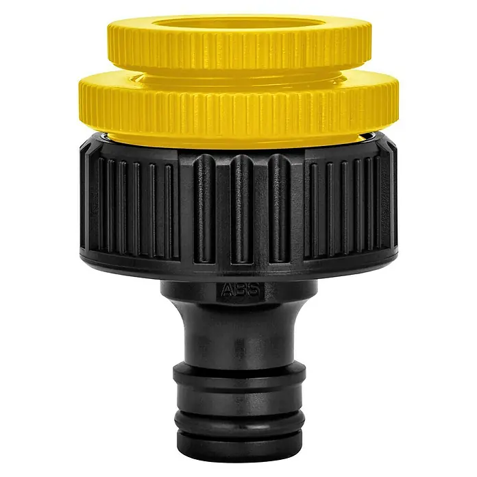Neptun Kit de manguera en espiral - Largo: 15 m, Plástico - Primer plano de un conector de manguera amarillo y negro, una herramienta útil para aplicaciones de jardinería.