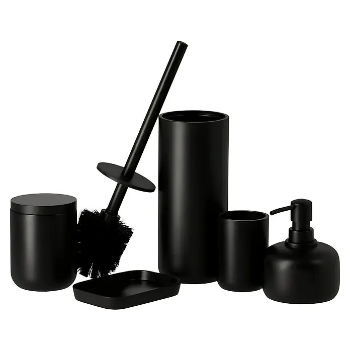 Venus Matte Black Seifenspender - Polyresin, Schwarz - Schwarzes Badezimmer-Accessoire-Set mit Seifenspender, Becher, Toilettenbürste und Seifenschale für ein stilvolles Badezimmer.