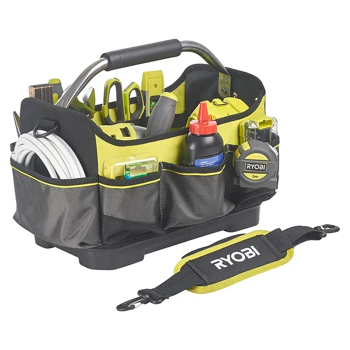 Ryobi Werkzeugtasche RSSSOT1 S - Größe: S, Polyester - Der Ryobi Werkzeugträger ist mit zahlreichen Werkzeugen und Zubehörteilen gefüllt und verfügt über einen praktischen Tragegurt für den Transport.
