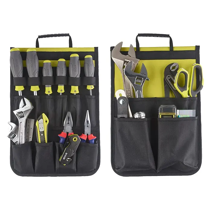 Ryobi Werkzeugrucksack RSSBP1 - 20 l, Grün/Schwarz - Werkzeugtasche mit verschiedenen Werkzeugen wie Schraubenziehern, Zangen und Schraubenschlüsseln, ideal für Heimwerker und Profis.