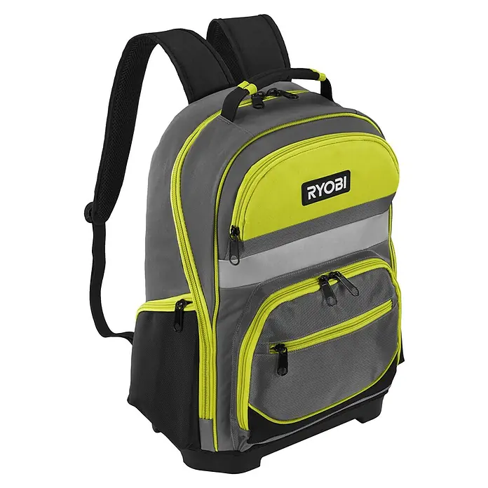 Ryobi Werkzeugrucksack RSSBP1 - 20 l, Grün/Schwarz - Ryobi Werkzeugrucksack in Grau, Schwarz und Limettengrün mit mehreren Fächern und gepolsterten Trägern für Komfort und Organisation.