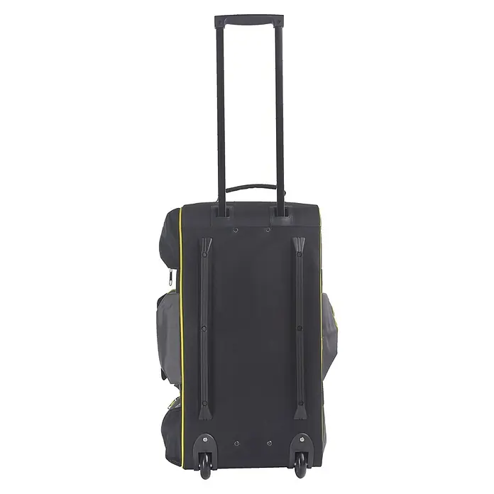 Ryobi Werkzeugtasche RSSLTB2 - Polyester - Die Rückansicht eines schwarzen Rollkoffers mit gelben Akzenten und einem ausziehbaren Griff. Praktisch für Reisen.