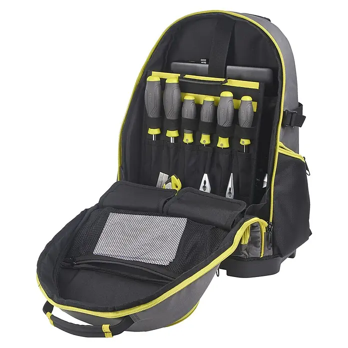 Ryobi Werkzeugrucksack RSSBP1 - 20 l, Grün/Schwarz - Grauer Werkzeugrucksack mit gelben Akzenten, geöffnet und mit Werkzeugen wie Schraubenziehern gefüllt. Ideal für Handwerker.
