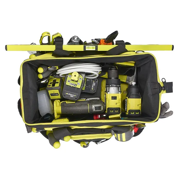 Ryobi Werkzeugtasche RSSMTB1 M - Polyester, Größe: M - Ryobi Werkzeugtasche gefüllt mit Werkzeugen, Batterien und Zubehör.