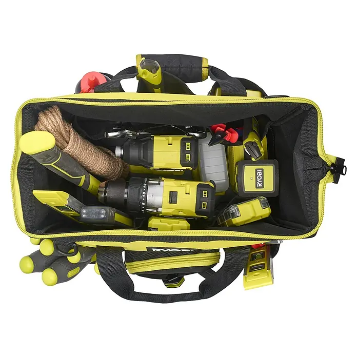Ryobi Werkzeugtasche RSSSTB1 S - Polyester, Größe: S - Nahaufnahme einer gelben und schwarzen Ryobi-Werkzeugtasche, gefüllt mit verschiedenen Werkzeugen.
