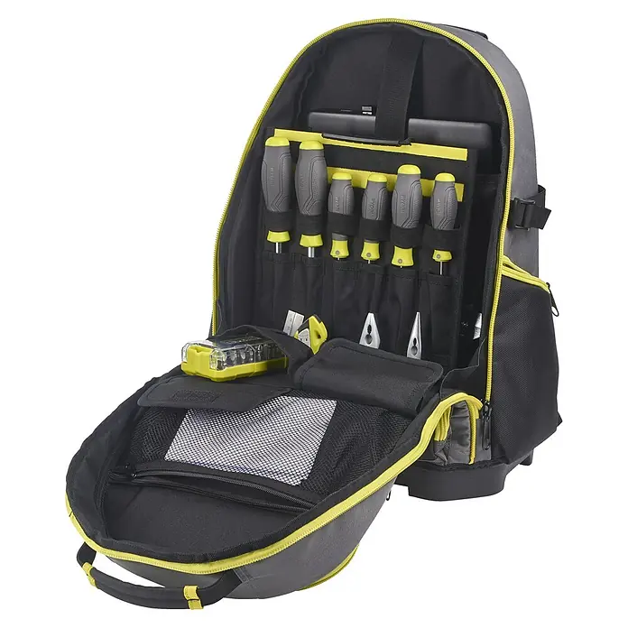 Ryobi Werkzeugrucksack RSSBP1 - 20 l, Grün/Schwarz - Der Ryobi Werkzeugrucksack bietet viel Stauraum für Werkzeuge, inklusive Halterungen für Schraubendreher und einer Tasche mit Reißverschluss.