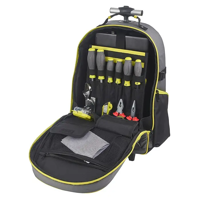 Ryobi Werkzeugrucksack RSSBP2 - 20 l, Ausstattung: Räder - Der Ryobi RSSBP1 Werkzeugrucksack bietet viel Stauraum und Organisation für Werkzeuge, mit praktischen Fächern und robustem Design.