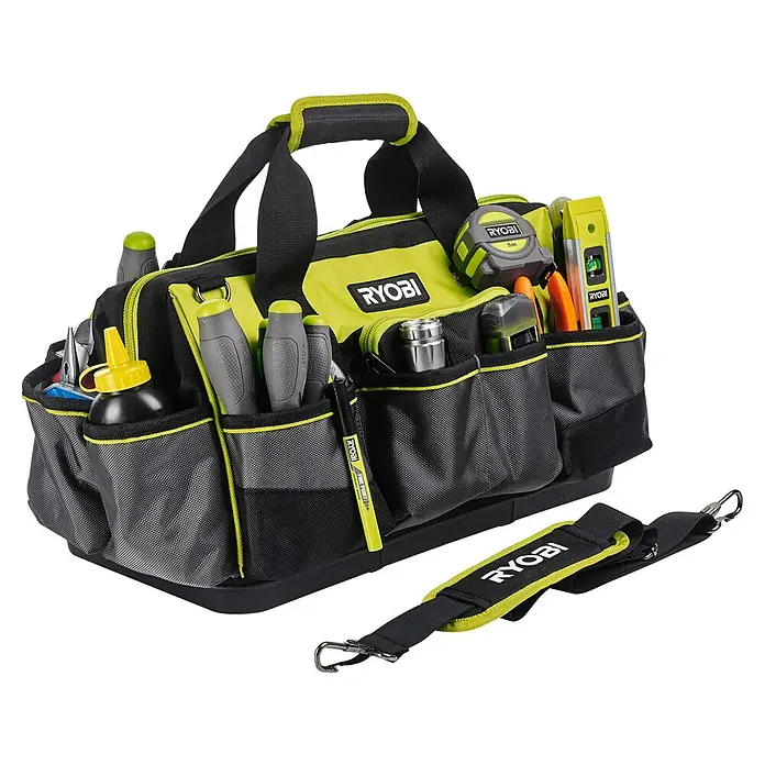 Ryobi Werkzeugtasche RSSMTB1 M - Polyester, Größe: M - Ryobi Werkzeugtasche in Schwarz und Grün mit Werkzeugen wie Schraubenziehern und Messwerkzeugen.