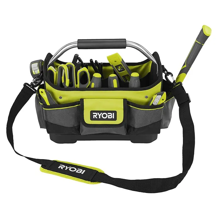 Ryobi Werkzeugtasche RSSSOT1 S - Größe: S, Polyester - Bild einer Werkzeugtasche von Ryobi mit Tragegriff und Schultergurt, gefüllt mit diversen Werkzeugen. Das Hauptfarbschema ist Schwarz, Grau und Gelb.