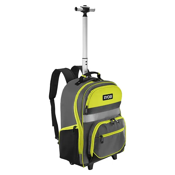 Ryobi Werkzeugrucksack RSSBP2 - 20 l, Ausstattung: Räder - Der graue und neongrüne Ryobi Rollrucksack bietet Funktionalität und Stil für Werkzeuge und mehr.