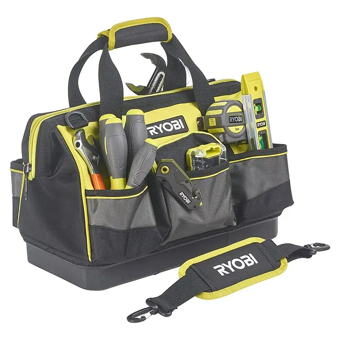 Ryobi Werkzeugtasche RSSSTB1 S - Polyester, Größe: S - Ryobi Werkzeugtasche mit robustem Design, gelben Akzenten und praktischen Fächern zur Aufbewahrung verschiedener Werkzeuge.