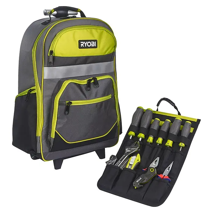 Ryobi Werkzeugrucksack RSSBP2 - 20 l, Ausstattung: Räder - Ryobi Werkzeugrucksack mit Rollen und einer Werkzeugtasche. Perfekt für den Transport und die Organisation von Werkzeugen auf der Baustelle.
