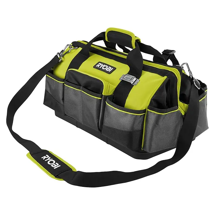 Ryobi Werkzeugtasche RSSMTB1 M - Polyester, Größe: M - Hier ist eine grüne und schwarze Werkzeugtasche von Ryobi mit Tragegriff und Schultergurt. Praktisch und robust für Handwerker.