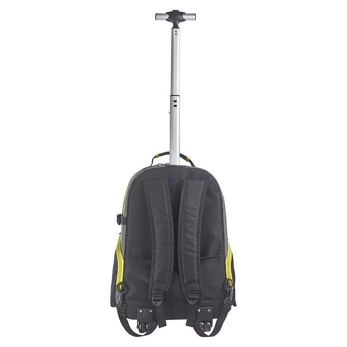 Ryobi Werkzeugrucksack RSSBP2 - 20 l, Ausstattung: Räder - Ein grauer Trolley-Rucksack mit gelben Akzenten und einem Teleskopgriff. Ideal für Reisen und den täglichen Gebrauch.