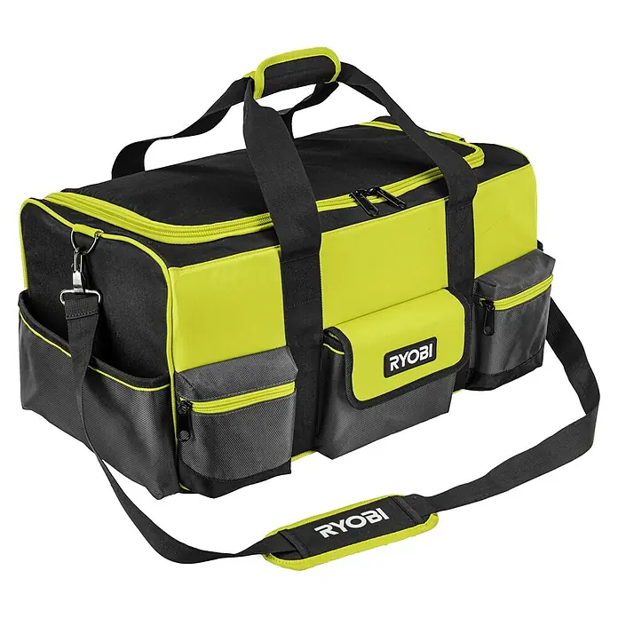 Ryobi Werkzeugtasche RSSLTB1 L - Polyester, Größe: L - Eine schwarze und limettengrüne Ryobi Werkzeugtasche mit mehreren Fächern und Tragegriffen für einfachen Transport.