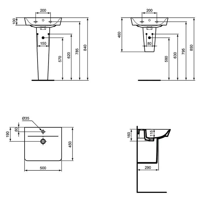 Ideal Standard Connect Air Waschbecken - 50 x 45 cm, Ohne Spezialglasur, Hahnloch: Mitte, Mit Überlauf, Weiß - Technische Zeichnung eines Waschbeckens mit Sockel, mit allen Maßen dargestellt, um seine Installation zu erleichtern.