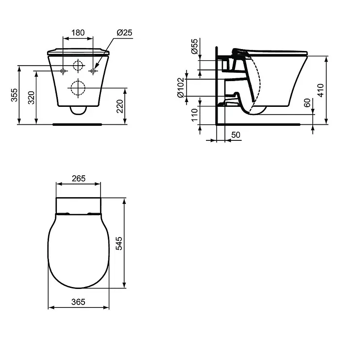 Ideal Standard Connect Air Wand-WC-Set AquaBlade - Spülrandlos, Ohne Spezialglasur, Spülform: Tief, WC Abgang: Waagerecht, Weiß - Technische Zeichnung einer Wandtoilette mit Bemaßung für Installationszwecke.