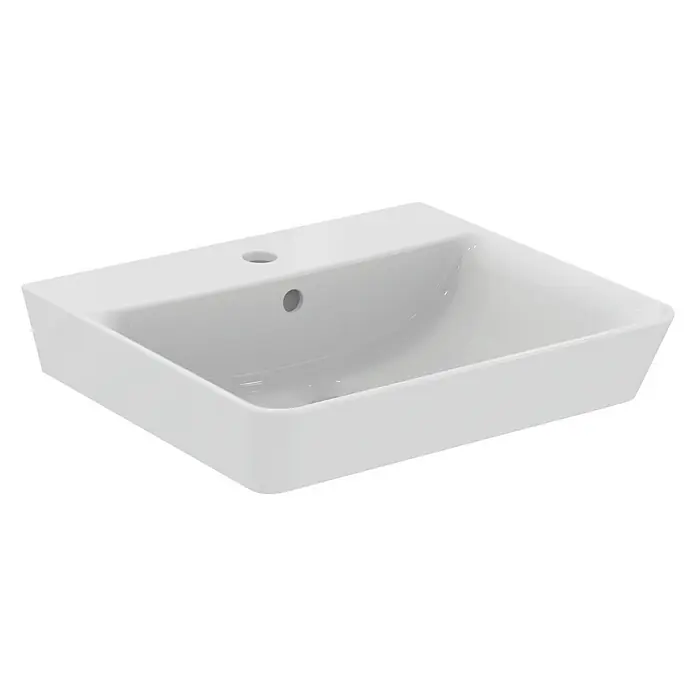 Ideal Standard Connect Air Waschbecken - 50 x 45 cm, Ohne Spezialglasur, Hahnloch: Mitte, Mit Überlauf, Weiß - Nahaufnahme eines weißen rechteckigen Waschbeckens mit Hahnloch und Überlauf für Badezimmer oder Gästetoilette.