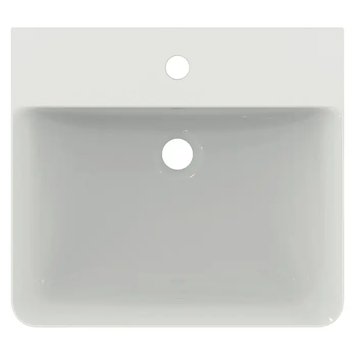 Ideal Standard Connect Air Waschbecken - 50 x 45 cm, Ohne Spezialglasur, Hahnloch: Mitte, Mit Überlauf, Weiß - Ansicht von oben auf ein eckiges, weißes Waschbecken mit Armatur- und Abflusslöchern.