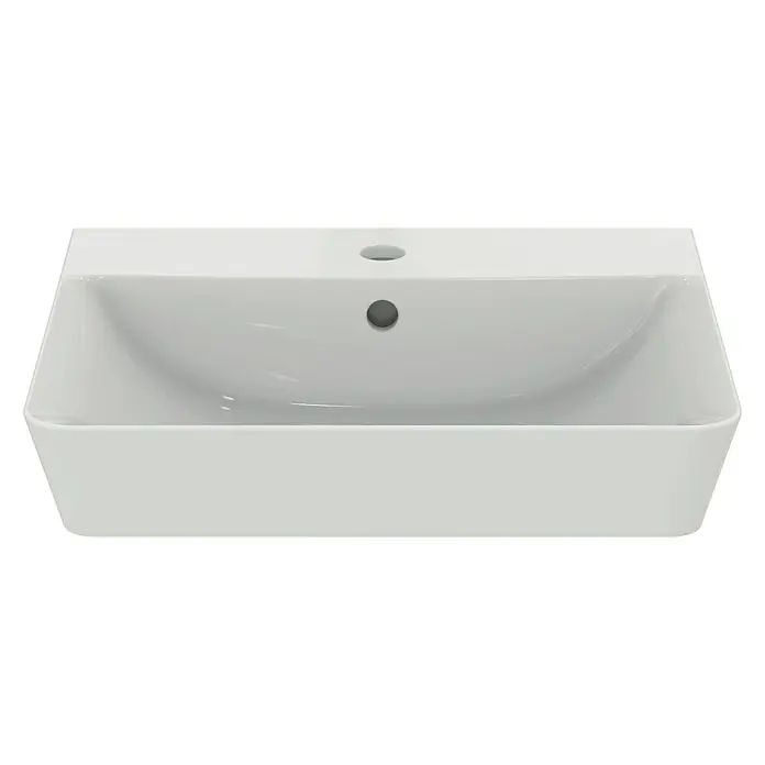 Ideal Standard Connect Air Waschbecken - 50 x 45 cm, Ohne Spezialglasur, Hahnloch: Mitte, Mit Überlauf, Weiß - Aufsicht auf ein modernes, rechteckiges Waschbecken aus weißer Keramik, ideal für ein stilvolles Badezimmerdesign.