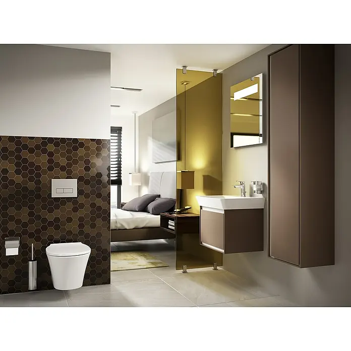 Ideal Standard Connect Air Waschtisch - 60 x 46 cm, Ohne Spezialglasur, Hahnloch: Mitte, Mit Überlauf, Weiß - Das Bild zeigt ein modernes Badezimmer mit einer Toilette, einem Waschbecken und einem Spiegelschrank in stilvollem Design.