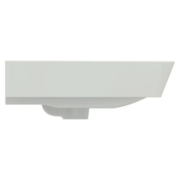 Ideal Standard Connect Air Waschtisch - 60 x 46 cm, Ohne Spezialglasur, Hahnloch: Mitte, Mit Überlauf, Weiß - Seitenansicht einer modernen, weißen Wandtoilette. Das schlichte Design und die sauberen Linien machen sie zu einer eleganten Ergänzung für jedes Badezimmer.
