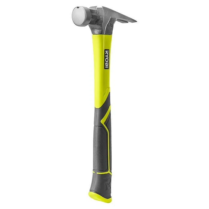 Ryobi Klauenhammer RH16FSS - Gewicht Kopf: 450 g, Stahl - Nahaufnahme eines RYOBI Hammers mit gelbem Griff.