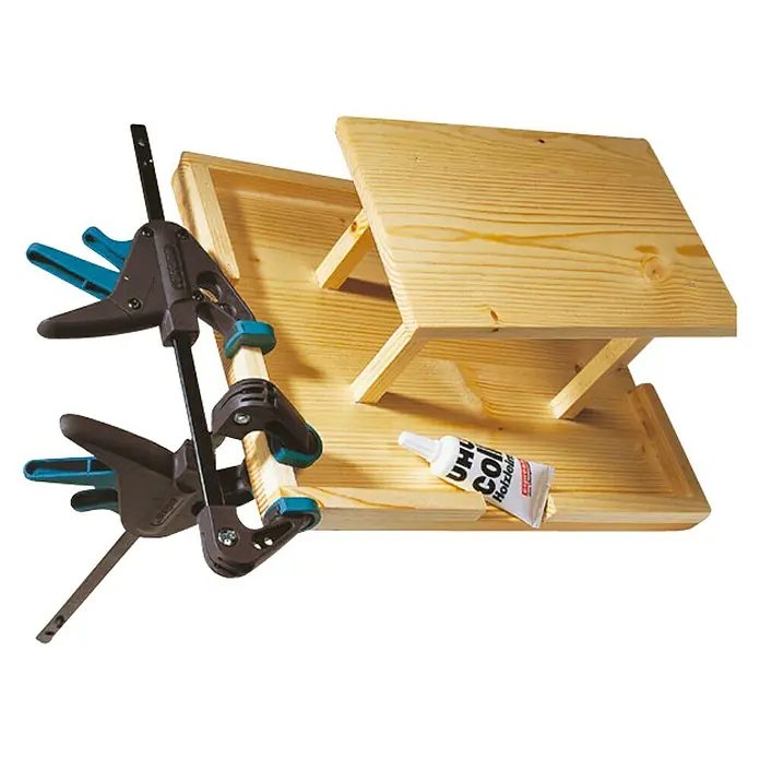 Wolfcraft Einhandzwinge EHZ - Spannweite: 110 mm, Spannkraft: 295 N, Ausladung: 38 mm - Holzkonstruktion mit Schraubzwingen und Leimtube.